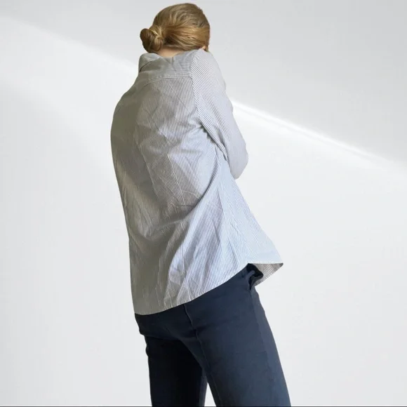 SPORTSCRAFT sz 12 cotton blouse shirt Oxford pinpoint white with navy pin stripe - Picture 4 of 10